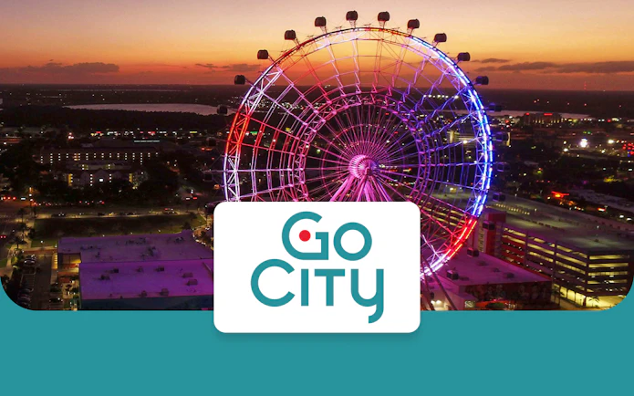 Orlando Ferris wheel at sunset with Go City logo.