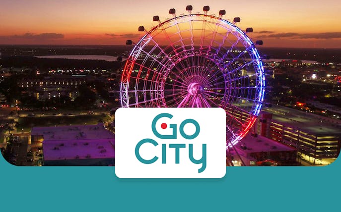 Orlando Ferris wheel at sunset with Go City logo.