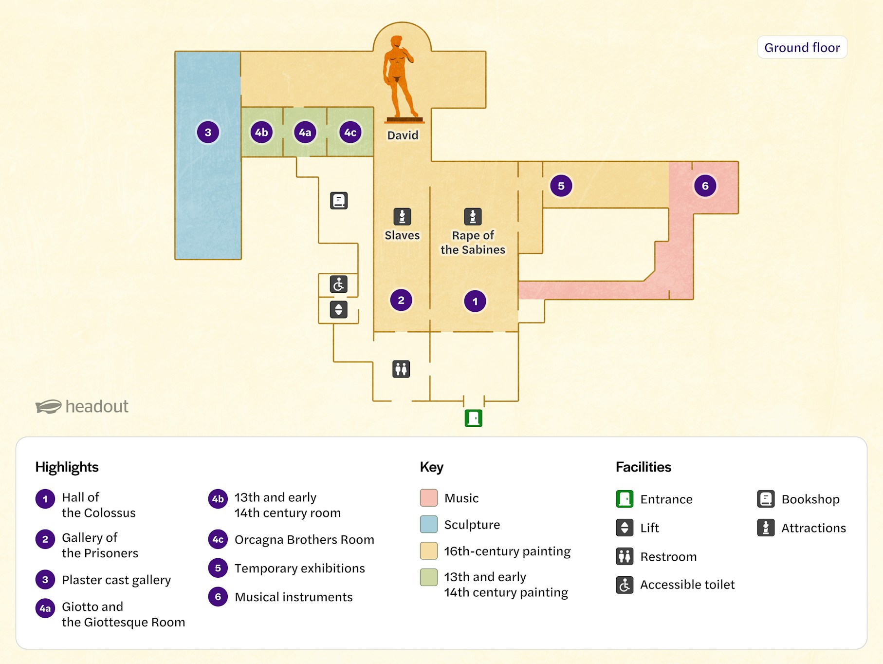 Accademia Gallery map highlighting David statue, Hall of the Colossus, and key attractions.