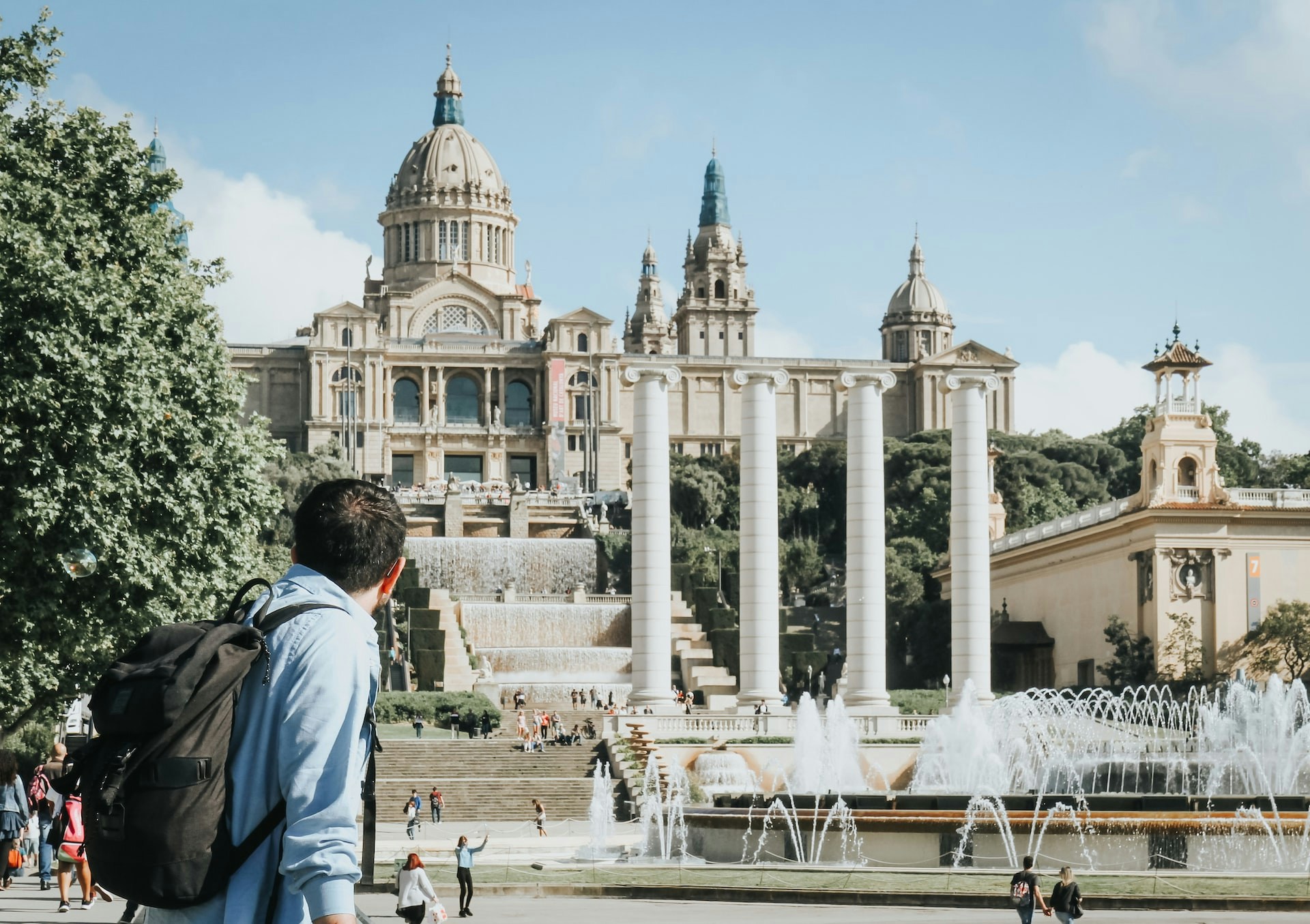 Montjuic water fountain illuminated at night in Barcelona, Spain.