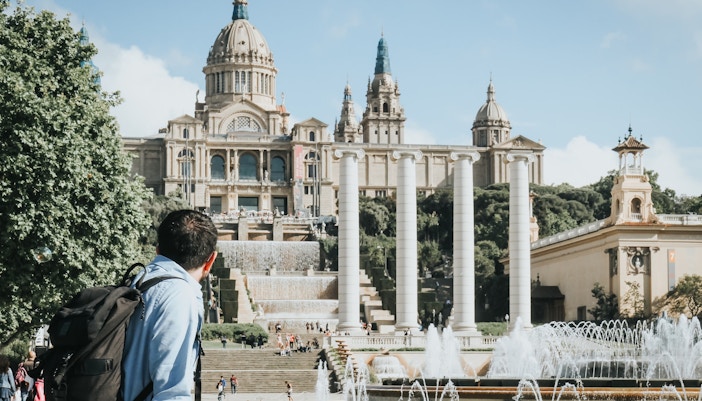 Montjuic Magic Fountain with National Art Museum in background, Barcelona.