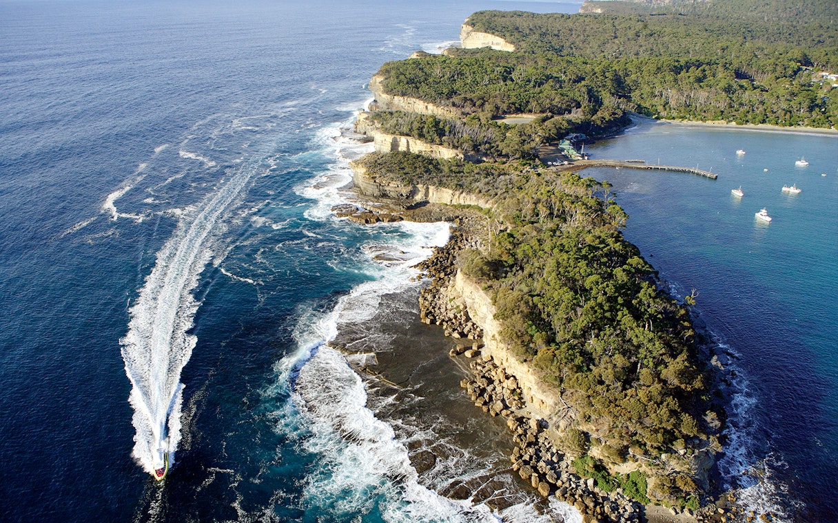 Aerial view of Tasman Island coastline with cruise boat and rocky cliffs, Hobart tour.