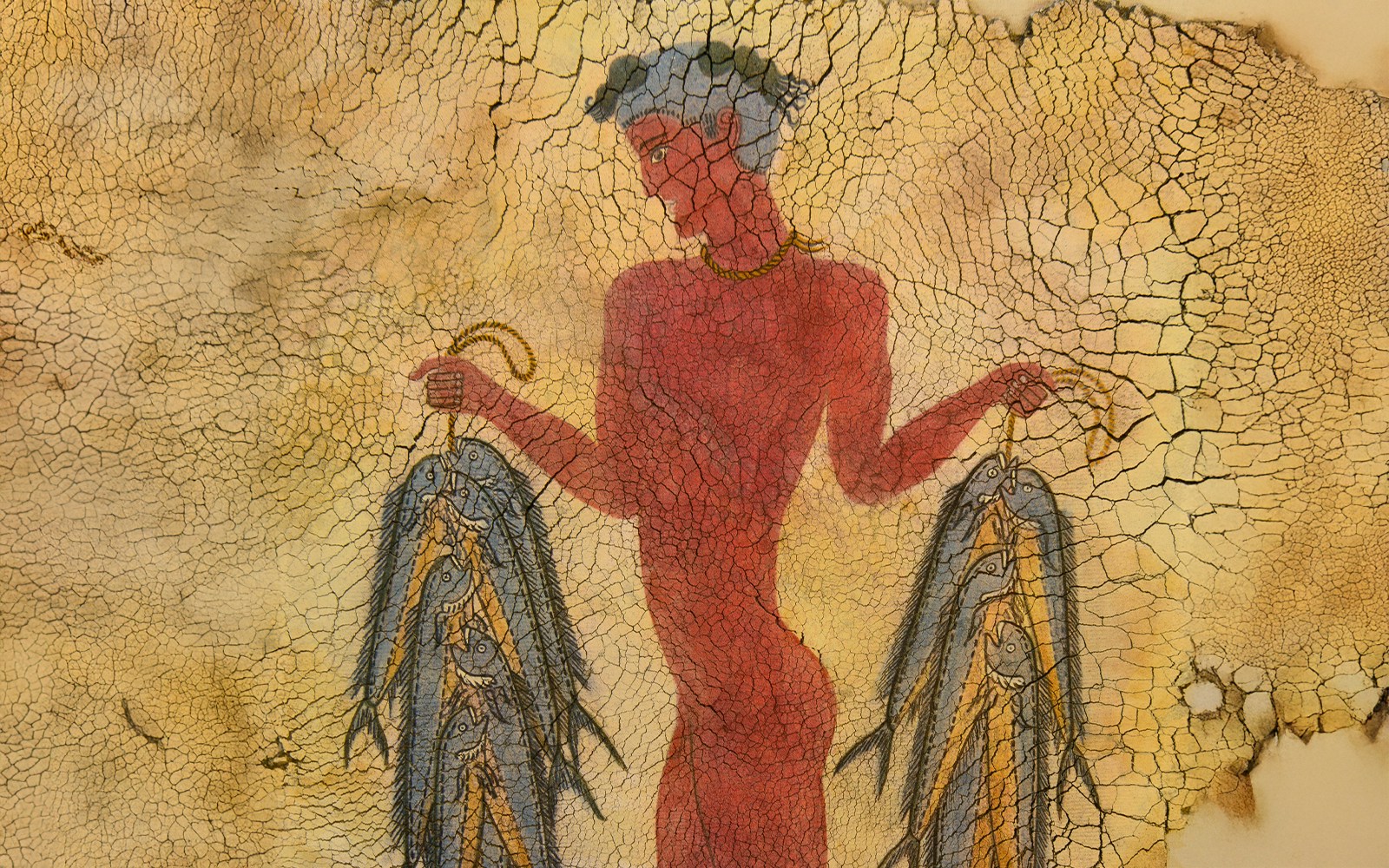 Fresco depicting fishermen with fish at Akrotiri Excavations, Santorini, Greece.