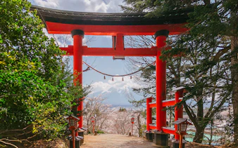 Torii gate at Arakurayama Sengen Park with Mount Fuji view.