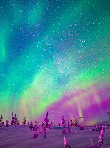 Snowmobiles under Northern Lights in Rovaniemi, Finland.