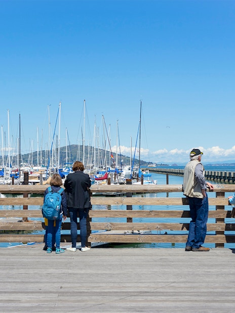 Guests viewing yachts at Pier 39 Marina, San Francisco, CA.