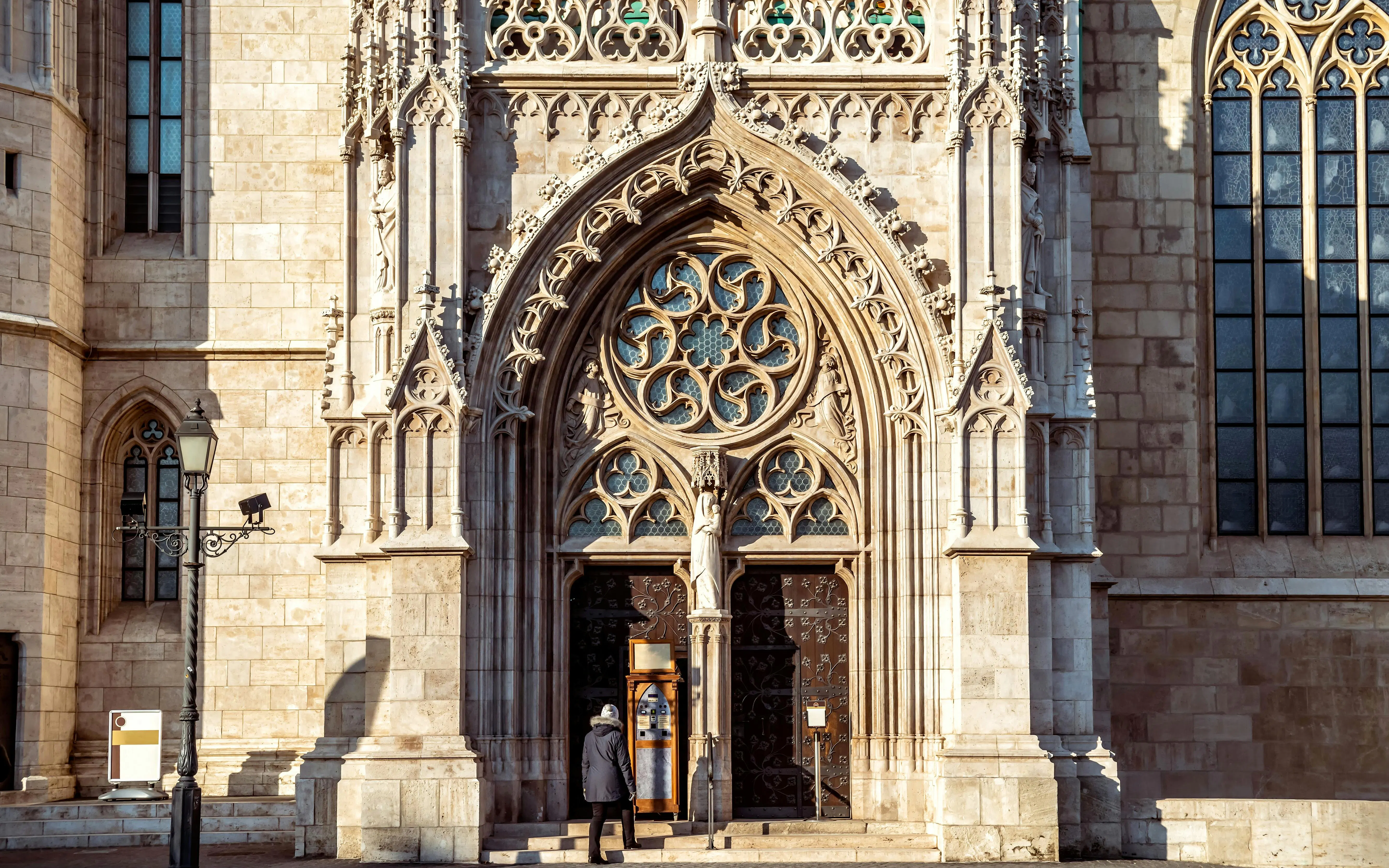 Entrance of Matthias Church with ornate Gothic architecture, Budapest, Hungary.