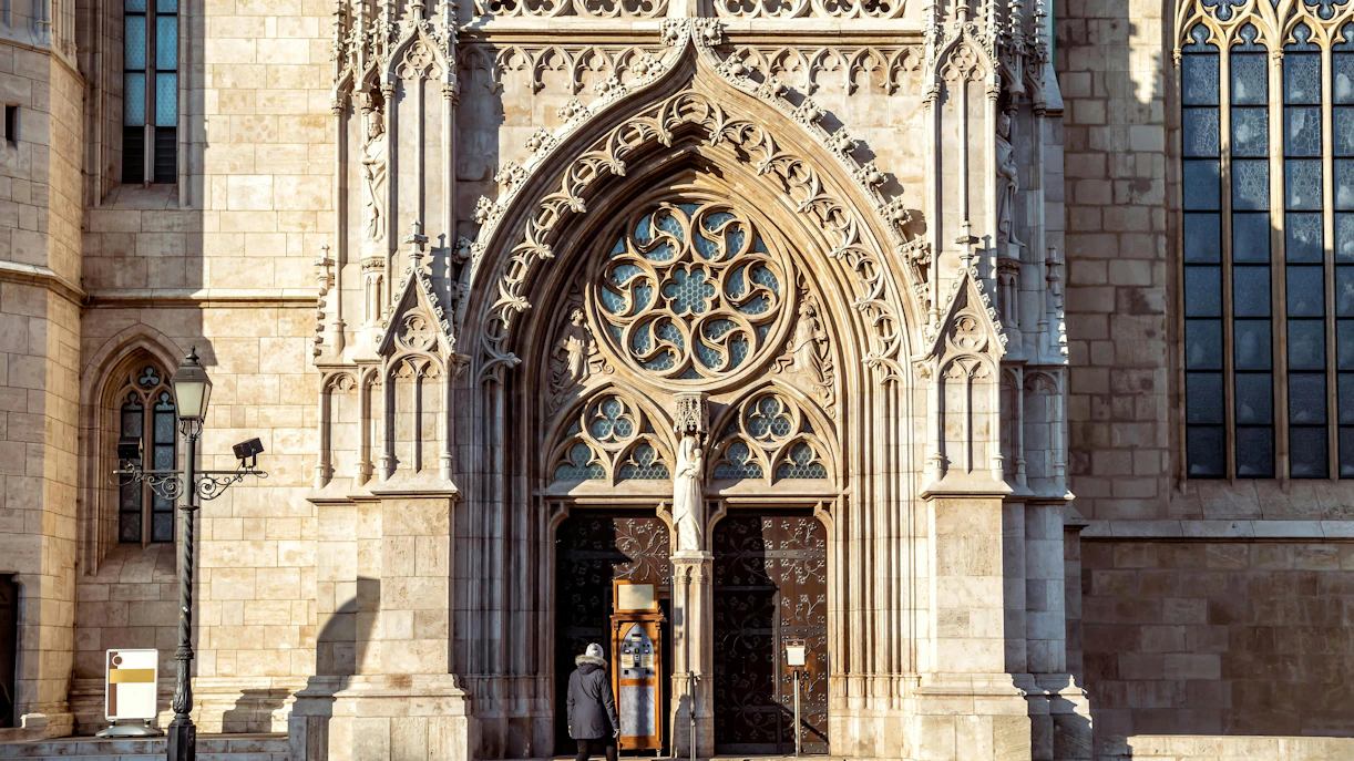 Entrance of Matthias Church with ornate Gothic architecture, Budapest, Hungary.
