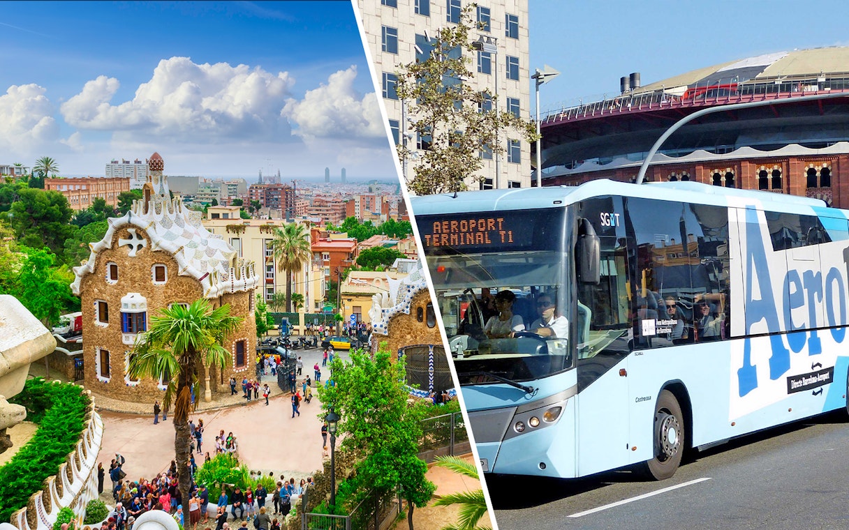 Park Güell entrance with tourists and Barcelona airport shuttle bus.