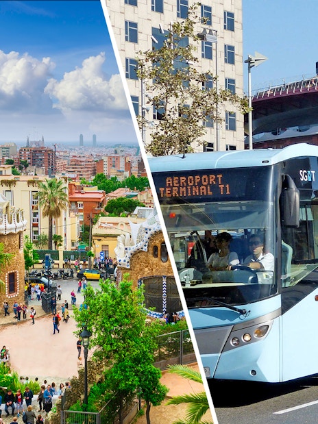 Park Güell entrance with tourists and Barcelona airport shuttle bus.