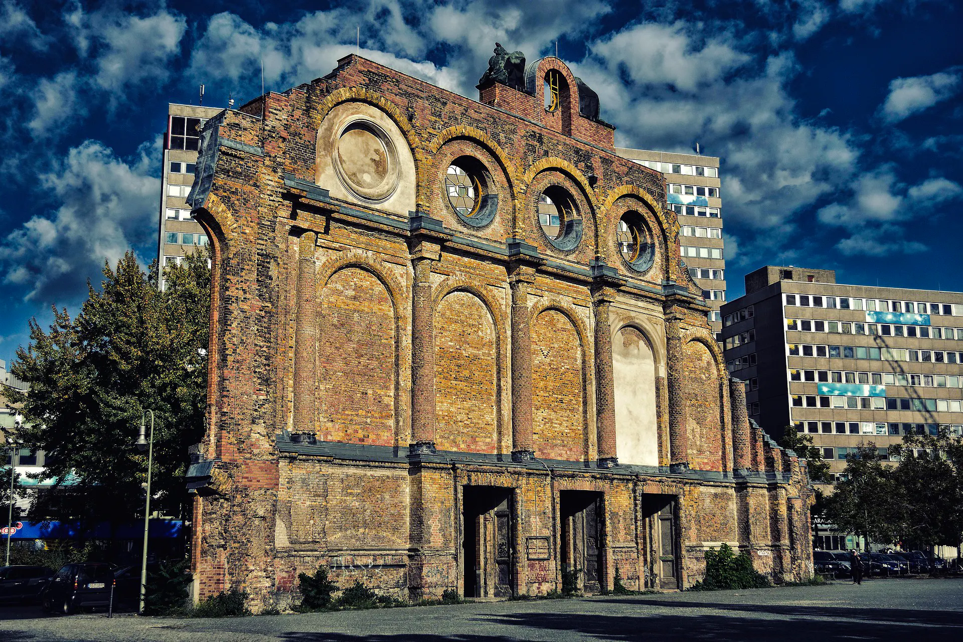 Ruins of Anhalter Bahnhof facade in Berlin, a historical WWII site.