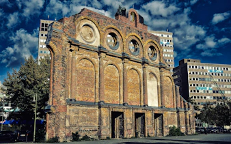 Ruins of Anhalter Bahnhof facade in Berlin, a historical WWII site.