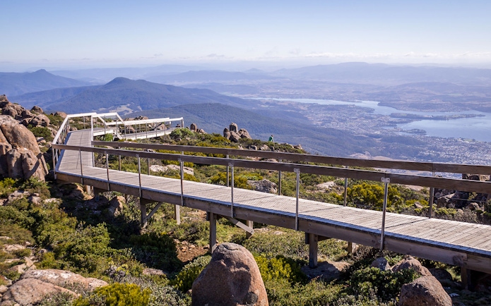 Kunanyi Mt Wellington boardwalk with panoramic view of Hobart, Tasmania.