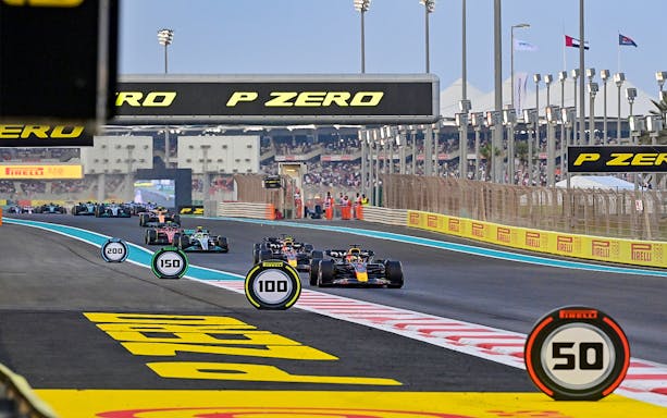 Formula 1 cars racing on Yas Marina Circuit during Abu Dhabi Grand Prix.