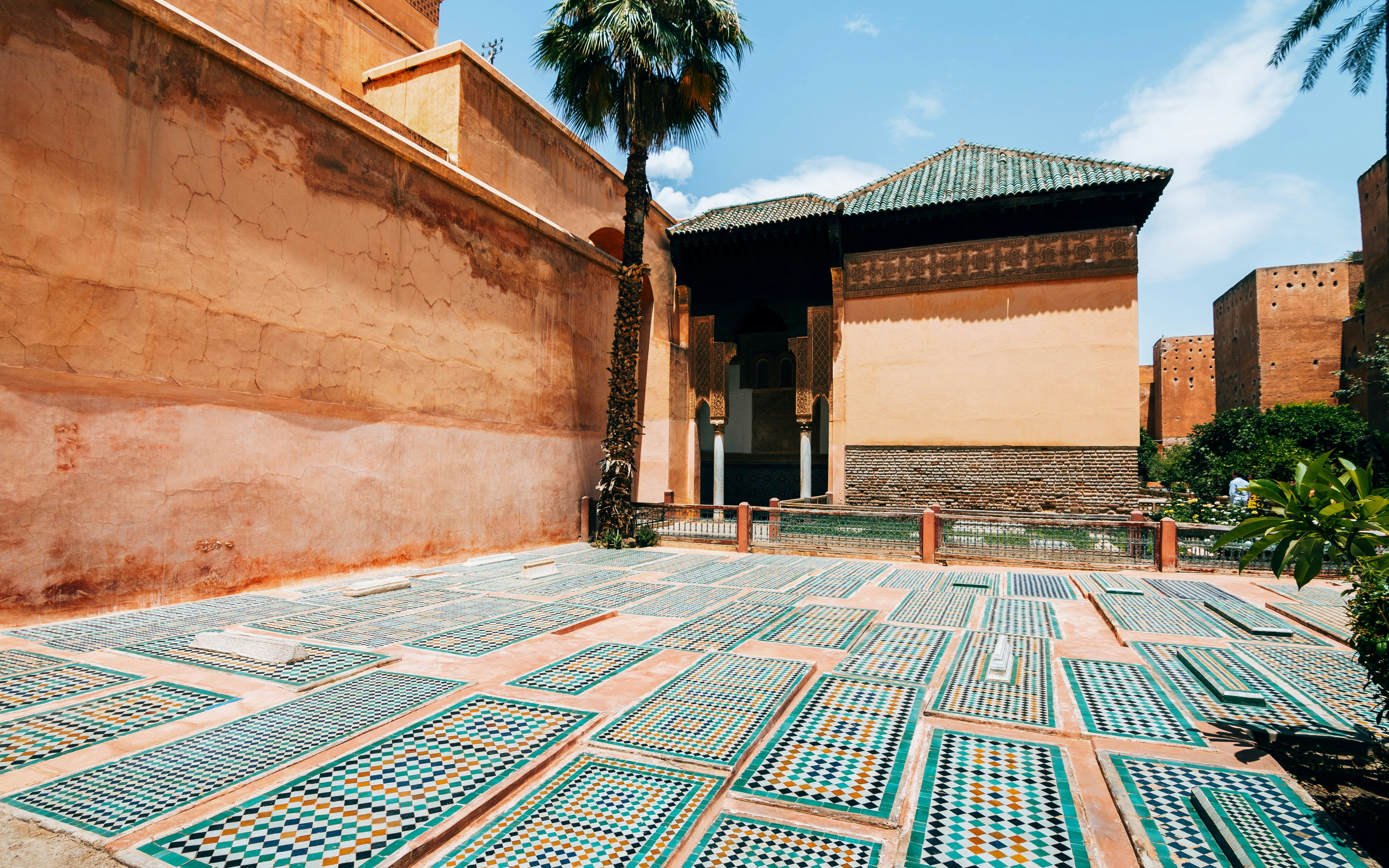 Ornamental mosaic tiles at Saadian Tombs in Marrakech, Morocco.