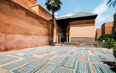 Ornamental mosaic tiles at Saadian Tombs in Marrakech, Morocco.