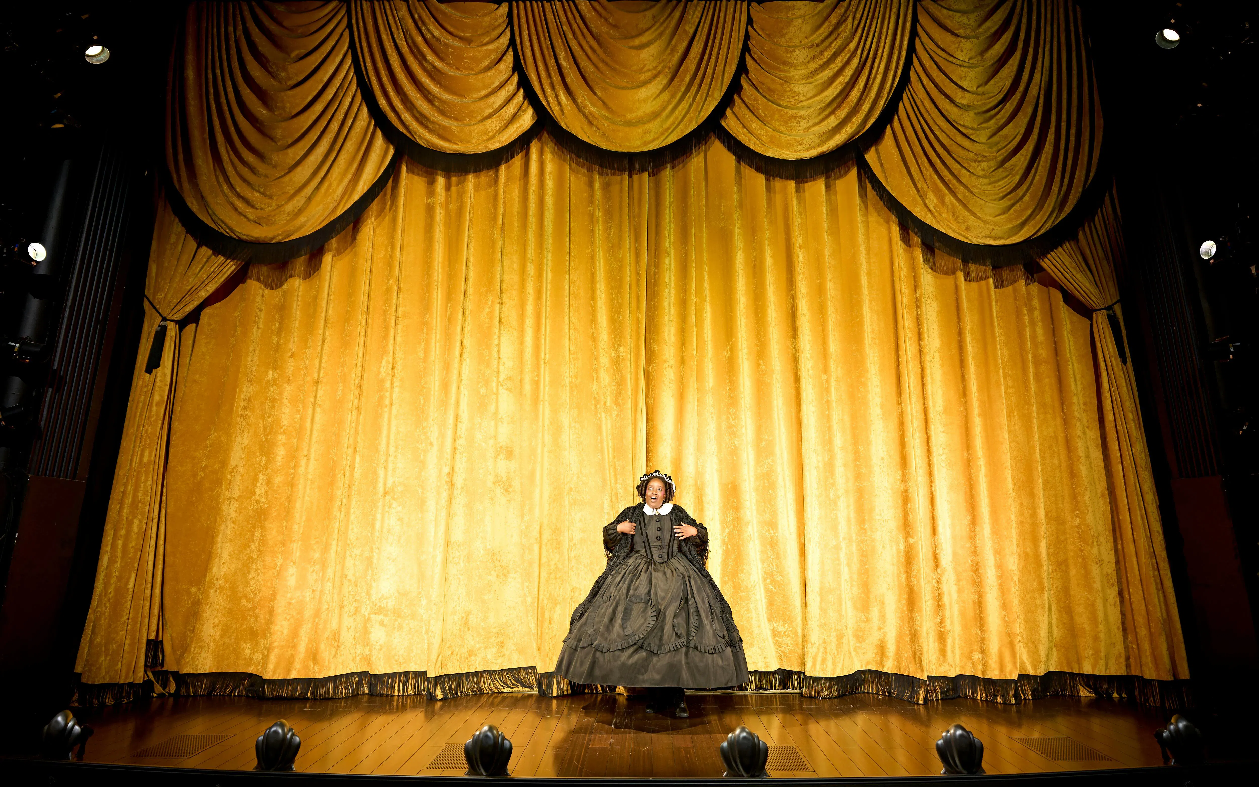 Performer on stage in front of gold curtain during "Oh Mary" show, West End.