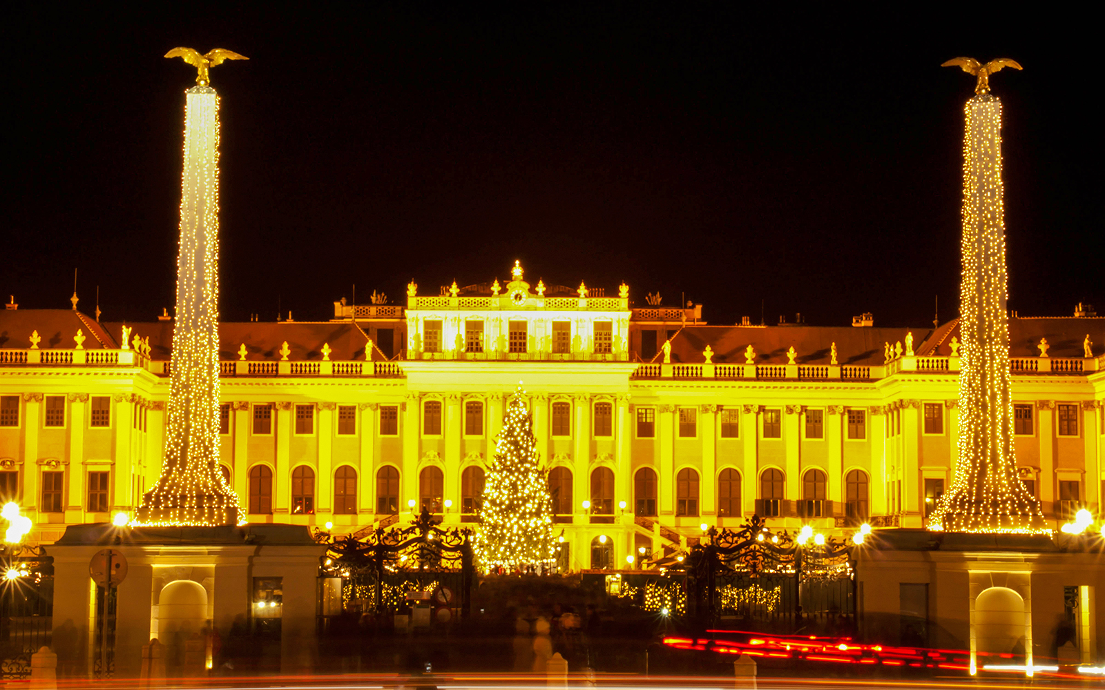 Schonbrunn Palace illuminated with Christmas lights in Vienna.