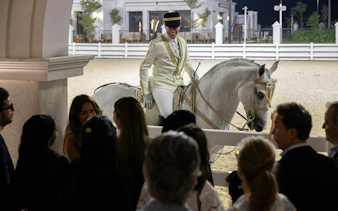 Equestrian performer on white horse engaging with visitors at Abu Dhabi Royal Equestrian Arts tour.