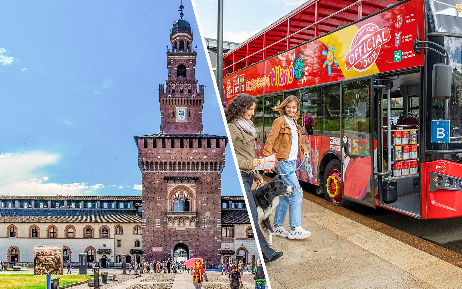 Sforza Castle in Milan with tourists and a sightseeing bus nearby.