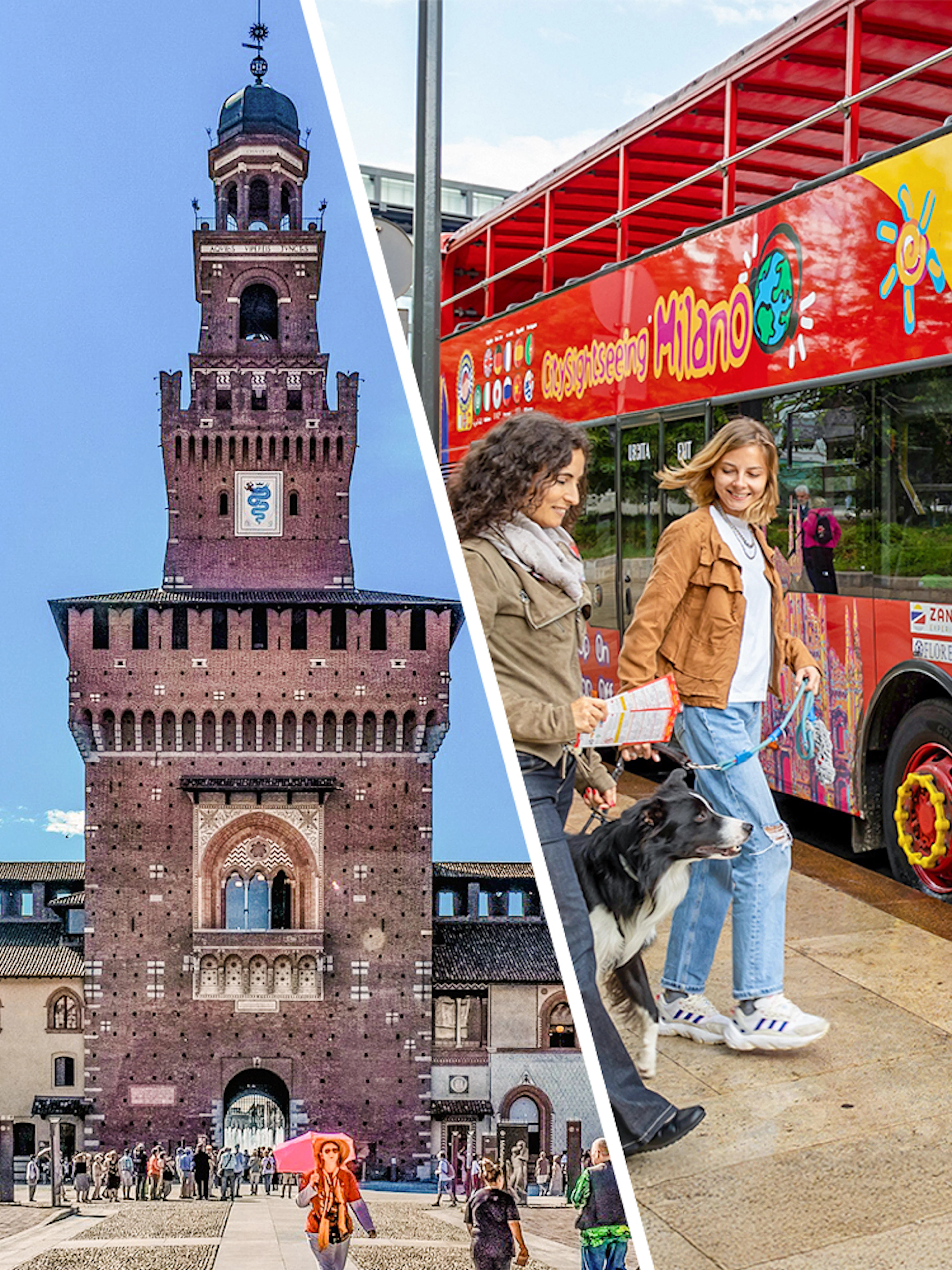 Sforza Castle in Milan with tourists and a sightseeing bus nearby.