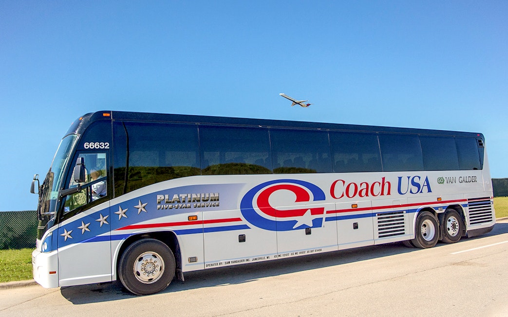 Coach USA bus on route from Chicago O'Hare Airport to Milwaukee.