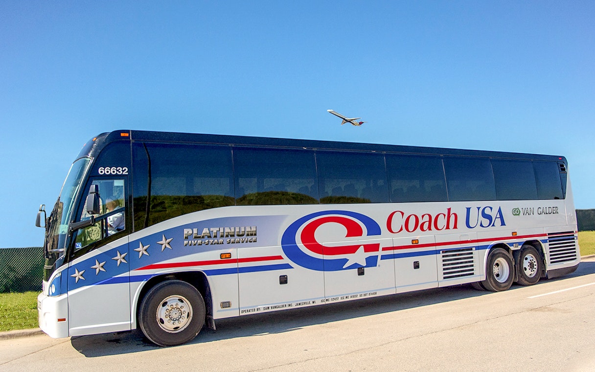 Coach USA bus on route from Chicago O'Hare Airport to Milwaukee.