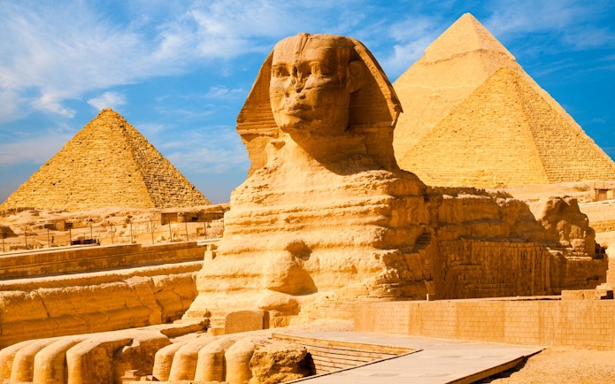 Sphinx and Pyramids at Giza Complex, Egypt.