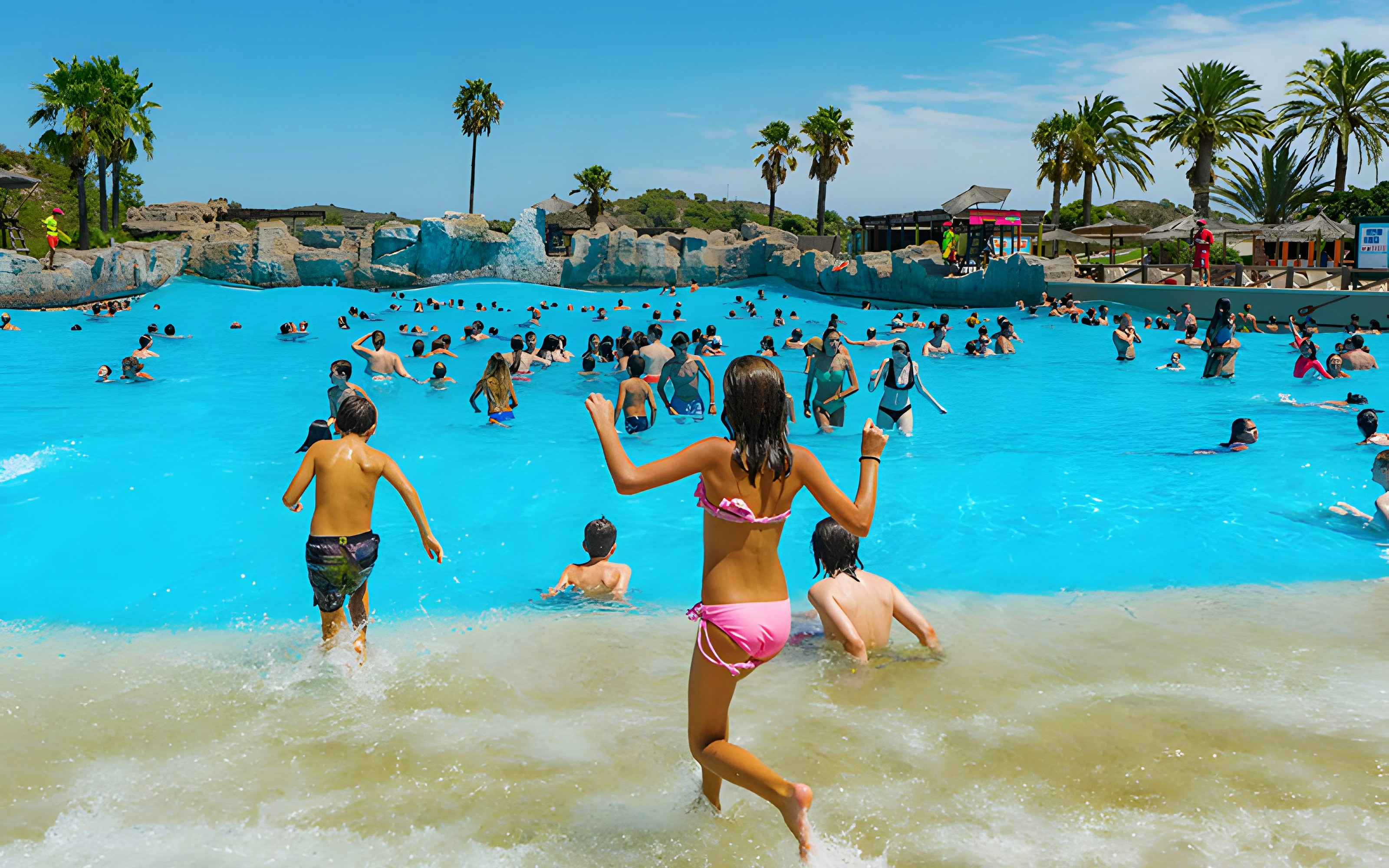 Visitors enjoying the wave pool at Aquopolis Cullera beach.