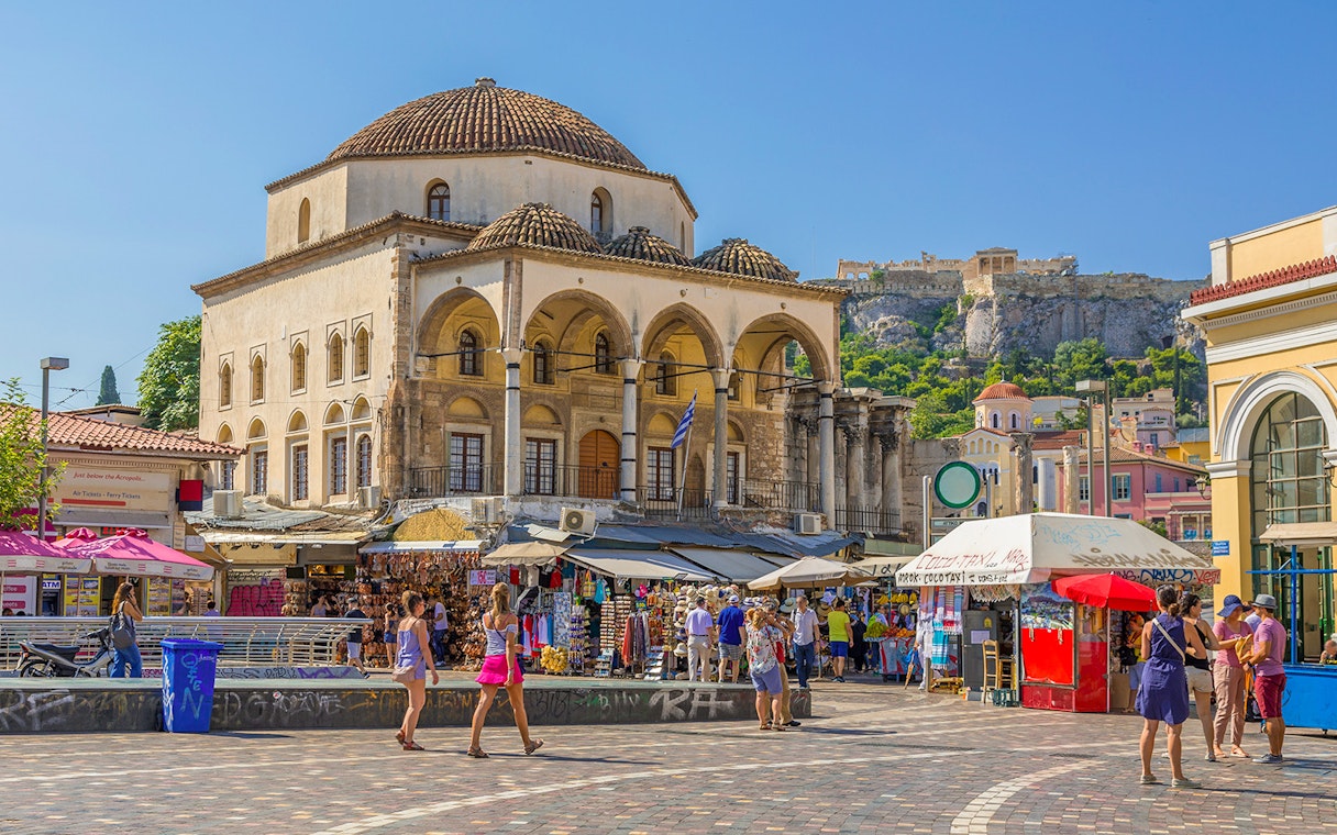 Monastiraki Square with the Acropolis in the background, Athens, Greece.