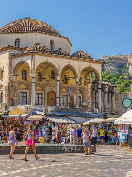 Monastiraki Square with the Acropolis in the background, Athens, Greece.