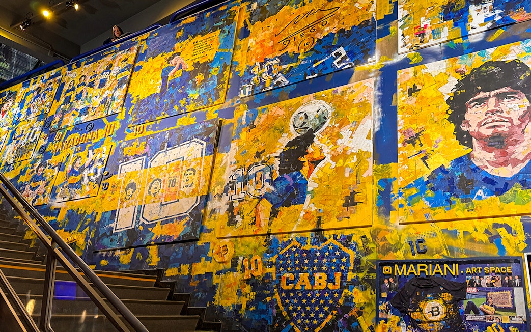 Mural of Diego Maradona inside La Bombonera stadium museum, Buenos Aires.