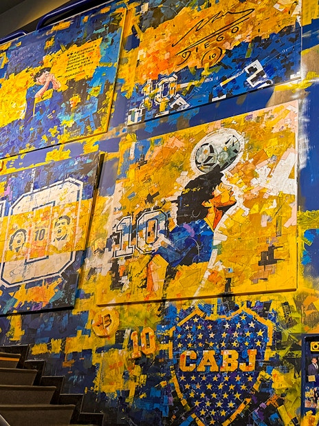 Mural of Diego Maradona inside La Bombonera stadium museum, Buenos Aires.