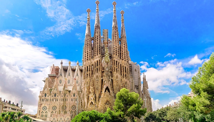 Sagrada Familia's intricate facade in Barcelona, showcasing its unique architectural details.