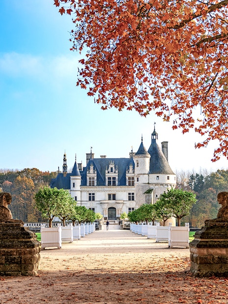 Château de Chenonceau in autumn with red leaves and stone sculptures, Loire Valley, France.