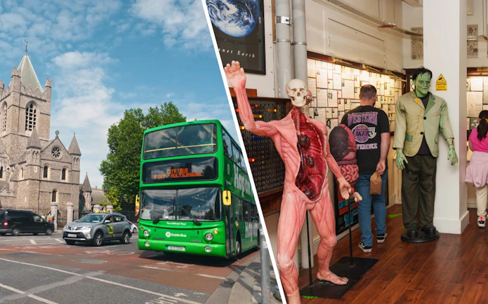Dublin hop-on hop-off bus near Christ Church Cathedral and exhibits at National Wax Museum.