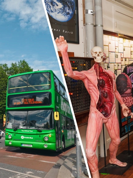 Dublin hop-on hop-off bus near Christ Church Cathedral and exhibits at National Wax Museum.