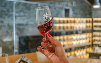 Wine glass held during tasting at Douro winery tour from Porto.