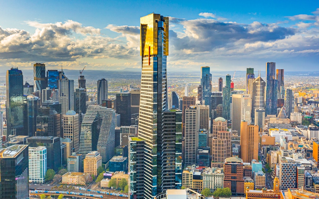 Melbourne skyline with prominent skyscraper, view from Melbourne Skydeck.