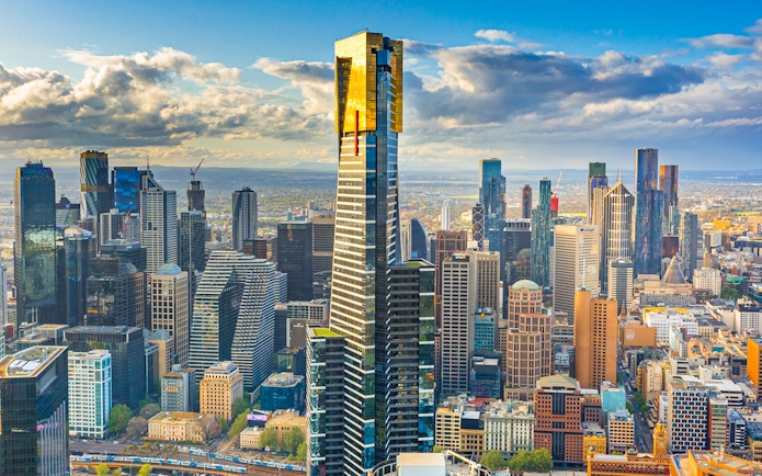Melbourne skyline with prominent skyscraper, view from Melbourne Skydeck.