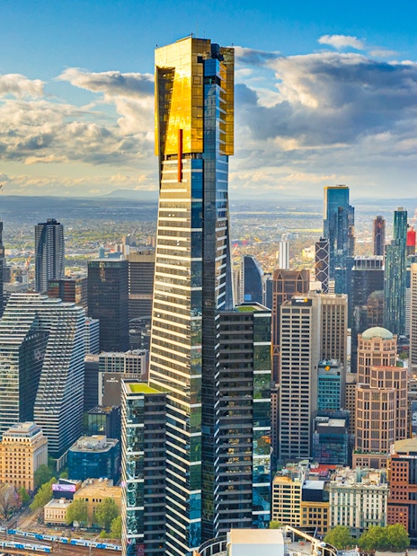 Melbourne skyline with prominent skyscraper, view from Melbourne Skydeck.