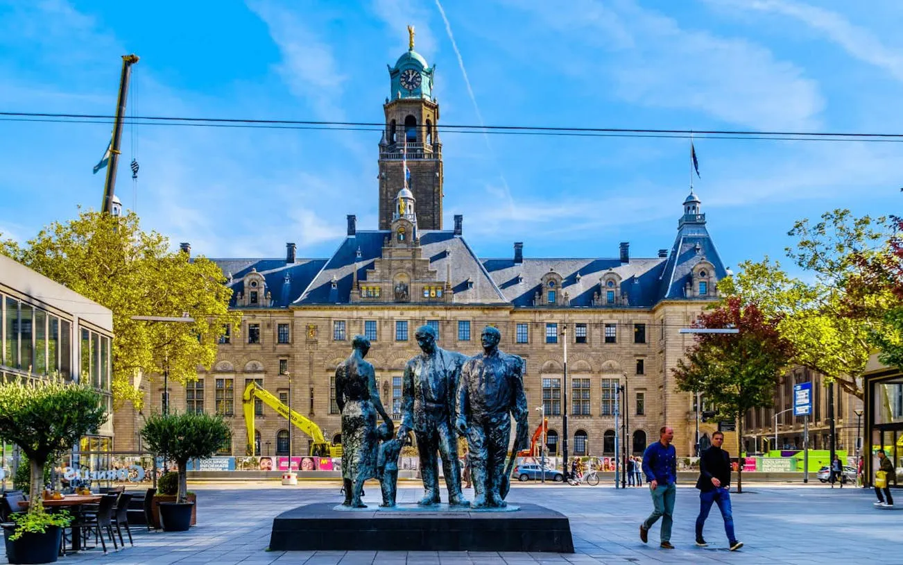 Rotterdam city hall with sculpture in front, part of Spy Hunt city exploration game.