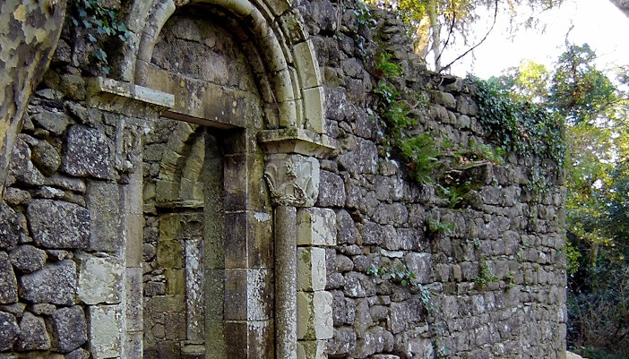 Stone archway and wall at Moorish Castle, Sintra, Portugal.