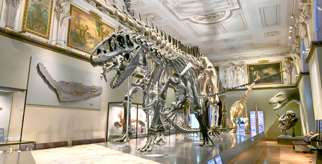 Dinosaur skeletons displayed in Natural History Museum Vienna exhibit hall.