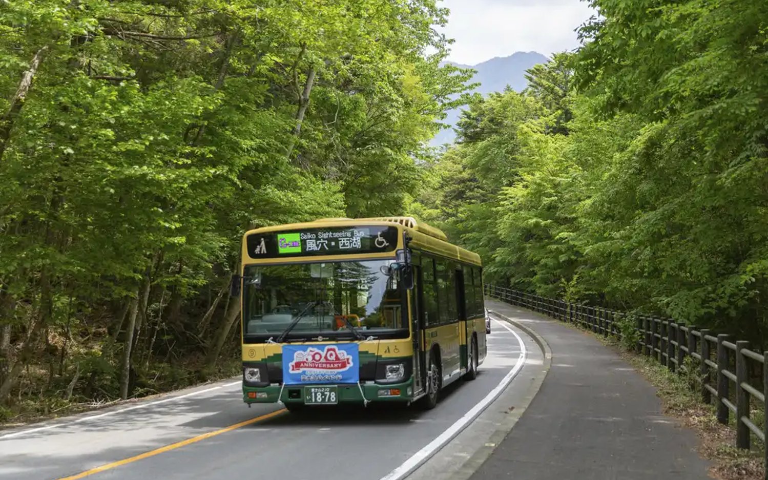 Sightseeing bus on a forested road near Kawaguchiko, Japan, with Mt. Fuji in the background.