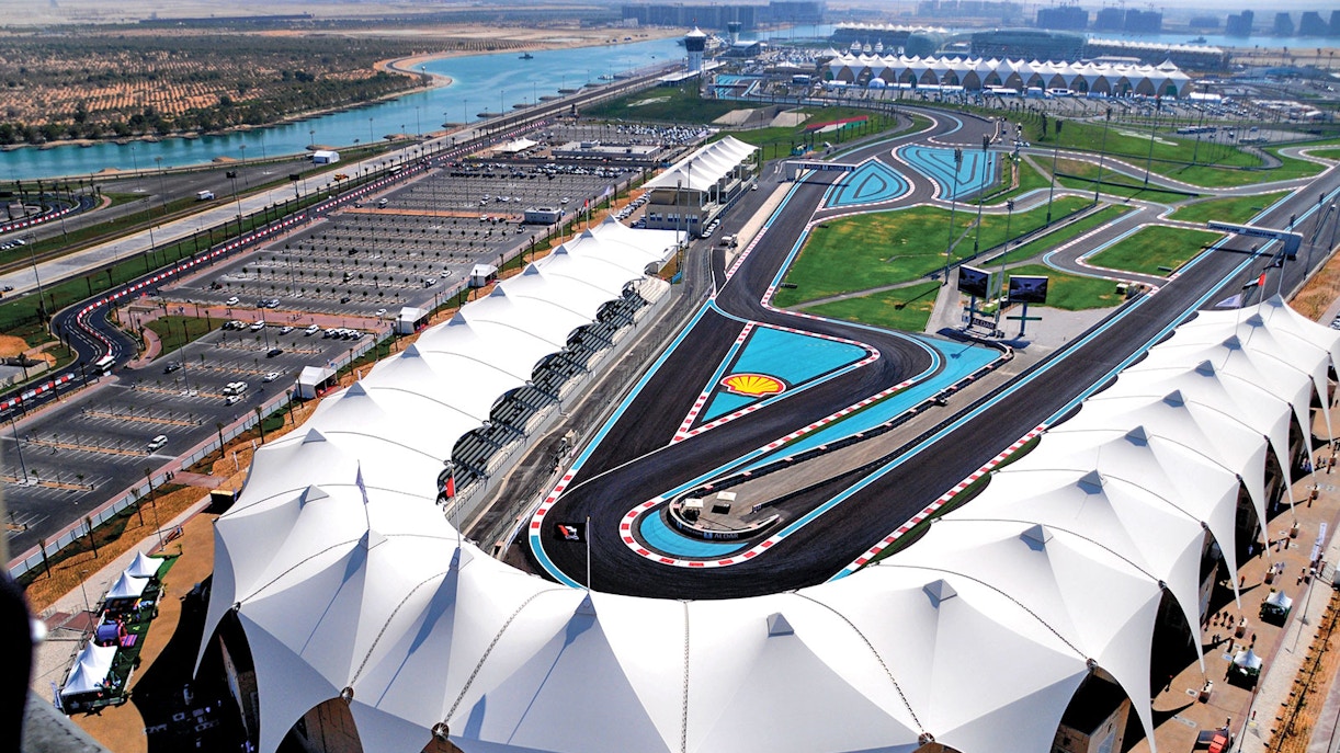 Aerial view of Yas Marina Circuit track and grandstands in Abu Dhabi.