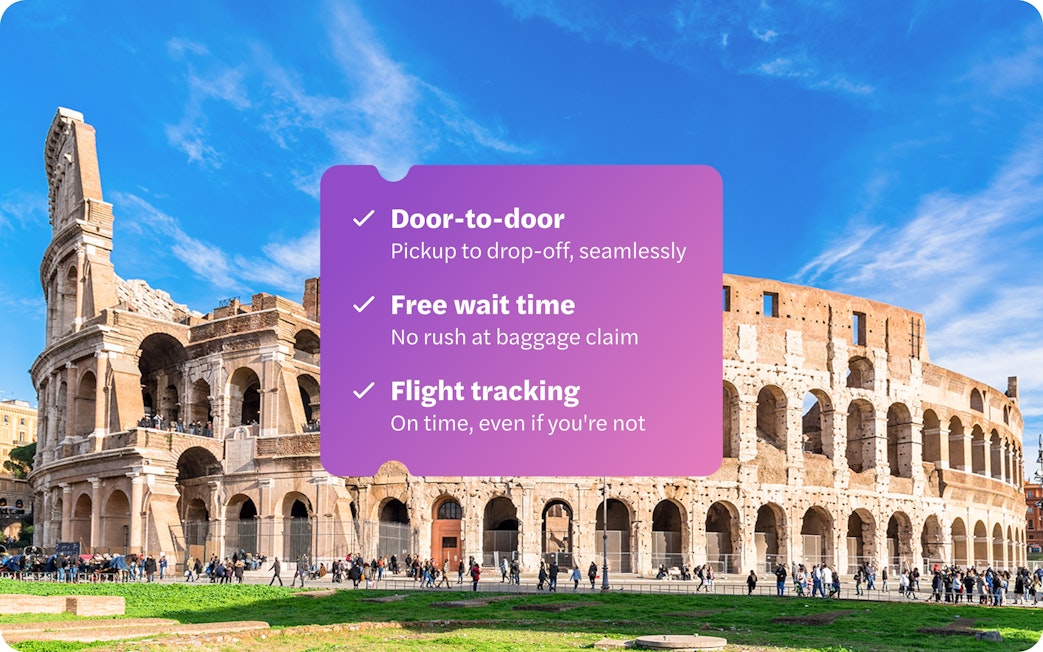 Panoramic view of Colosseum in Rome with tour service details.