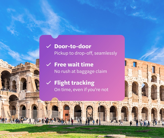 Panoramic view of Colosseum in Rome with tour service details.