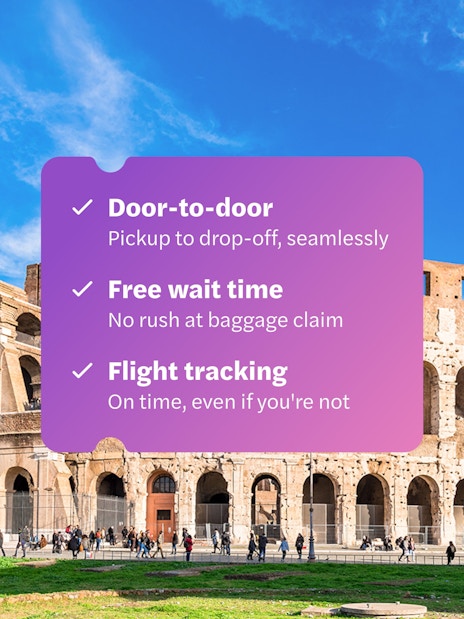 Panoramic view of Colosseum in Rome with tour service details.
