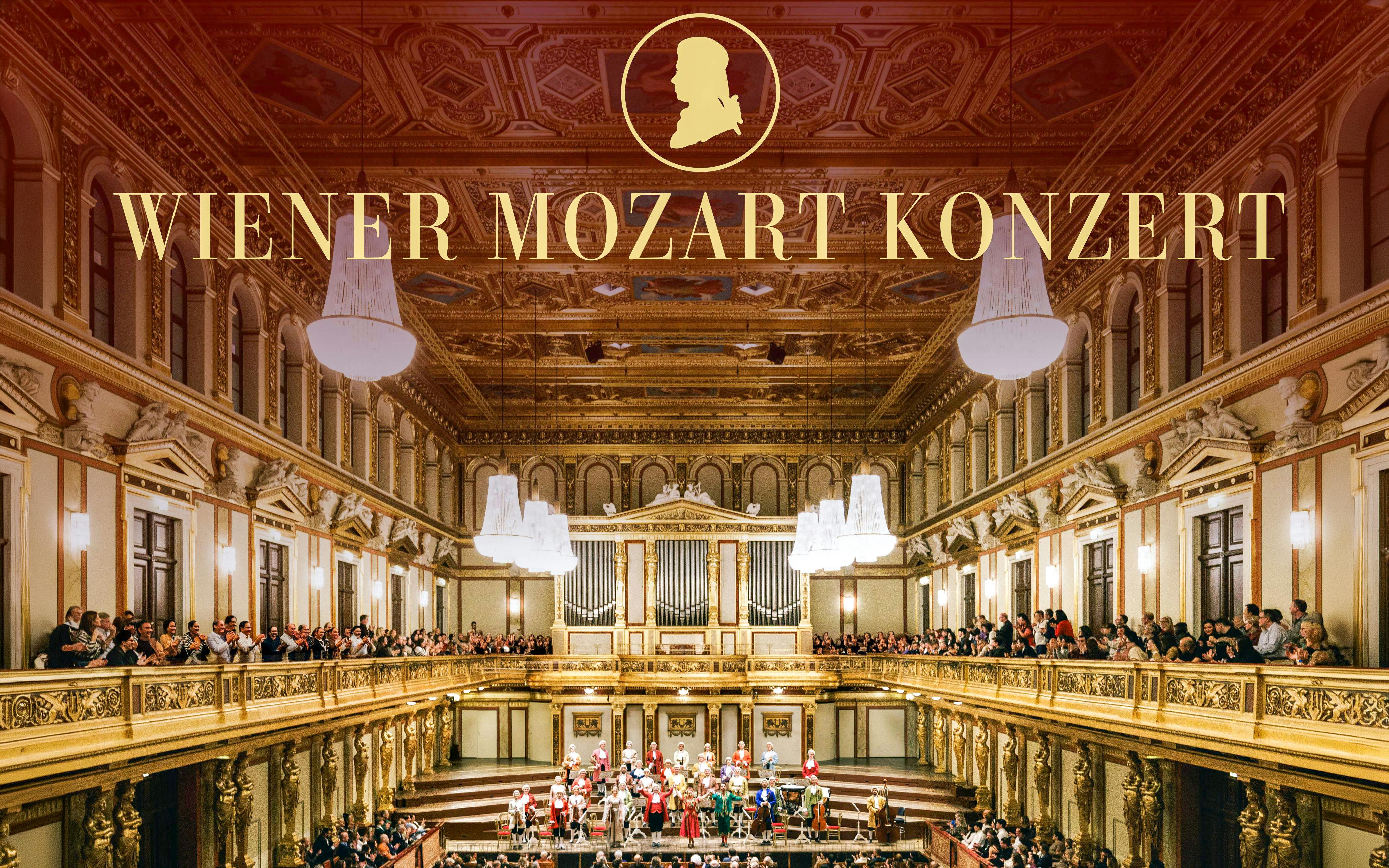 Vienna concert hall with orchestra performing Mozart concert.